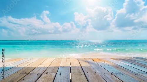 The blur cool sea background with wood floor foreground on horizon tropical sandy beach relaxing outdoors vacation with heavenly mind view at a resort deck touching sunshine sky surf s : Generative AI
