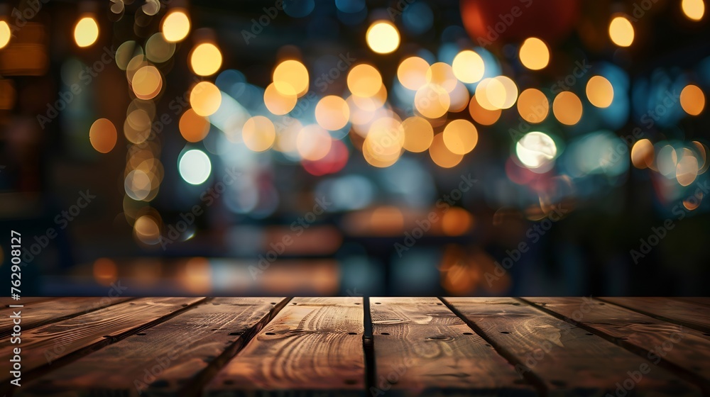 background Image of wooden table in front of abstract blurred restaurant lights : Generative AI background Image of wooden table in front of abstract blurred restaurant lights : Generative AI