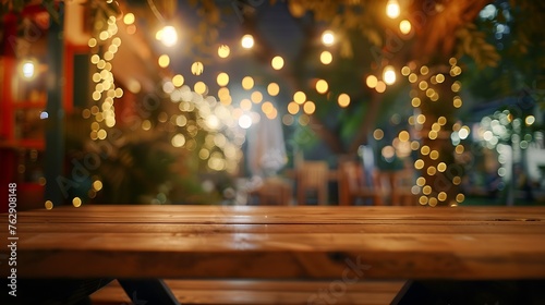 Empty wooden table top with lights bokeh on blur restaurant background : Generative AI © Generative AI