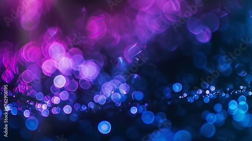 Blur neon light Lens flare overlay Bokeh fluorescent flash gleam Defocused blue purple color flecks on dark black abstract background : Generative AI