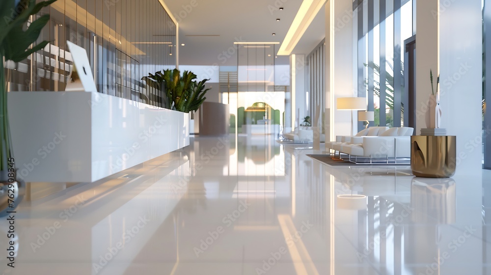 Fototapeta premium Blurred hotel or office building lobby blur background interior view toward reception hall modern luxury white room space with blurry corridor and building glass wall window : Generative AI