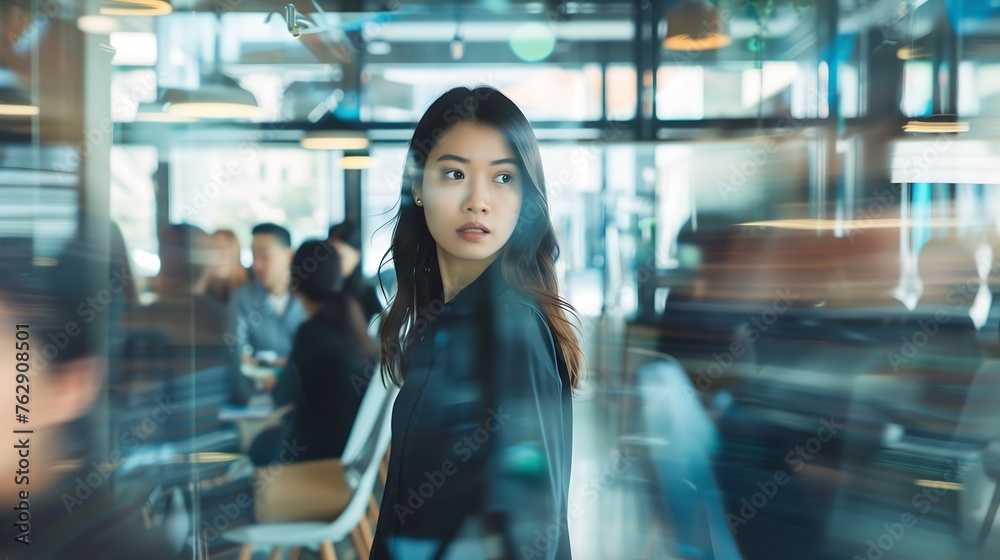 Portrait Of Businesswoman By Desk In Busy MultiCultural Office With Motion Blurred Colleagues : Generative AI Portrait Of Businesswoman By Desk In Busy MultiCultural Office With Motion Blurred Colleagues : Generative AI