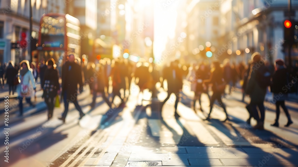 Pedestrian blur crowd of people walking in London city panoramic view of people crossing the street : Generative AI