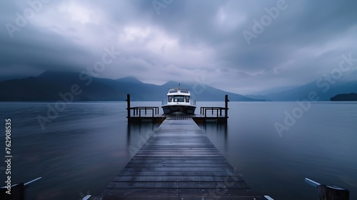 Boat jetty and dramatic sky at lake Yamanaka Yamanashi : Generative AI