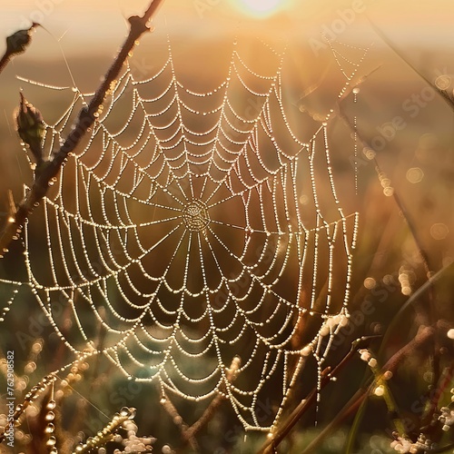 A spider web covered in dewdrops, sparkling in the early light,
