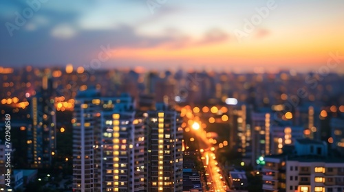 Bright glowing lights of district in megapolis under dusk sky in evening on blurred background   Generative AI