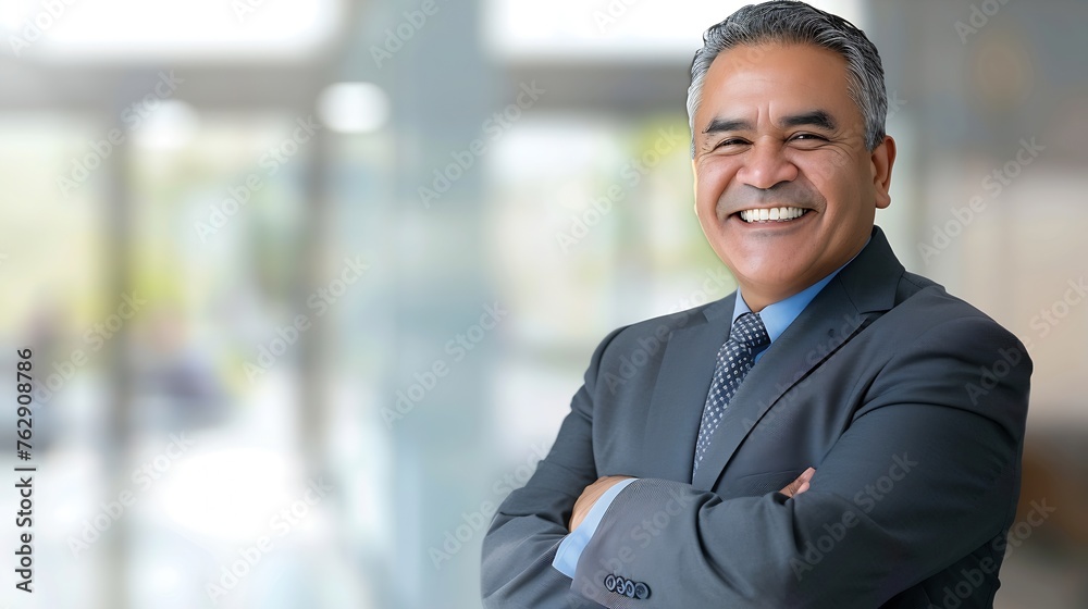 Fototapeta premium Handsome hispanic senior business man with crossed arms smiling aside Indian or latin confident mature good looking middle age leader male businessman on blur office background with co : Generative AI