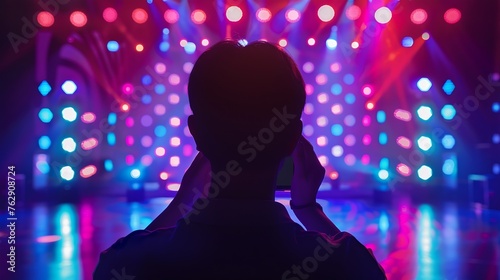 Back view silhouette of unrecognizable person taking video with smartphone while watching modern show against illuminated neon stage : Generative AI