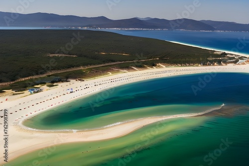 Aerial view of the Comporta Beach and the Troia Peninsula with the Arrabida Mountain on the background, in Portugal. Generative AI photo