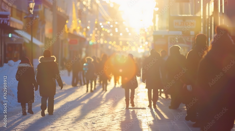 Blurred main street of a large Ukrainian city at sunset golden hour in winter with bright sun crowd of people walking down the street shops city center : Generative AI