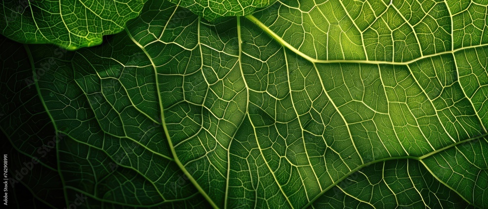 The intricate veins and cells of a green leaf, with sunlight filtering through, - obrazy, fototapety, plakaty 