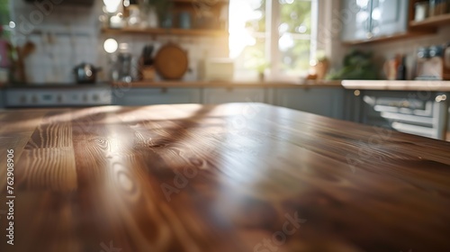 beautiful brown wood table top kitchen interior background and blurred defocused with daylight flare bokeh product montage display : Generative AI photo