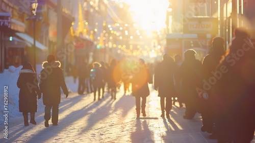 Blurred main street of a large Ukrainian city at sunset golden hour in winter with bright sun crowd of people walking down the street shops city center : Generative AI