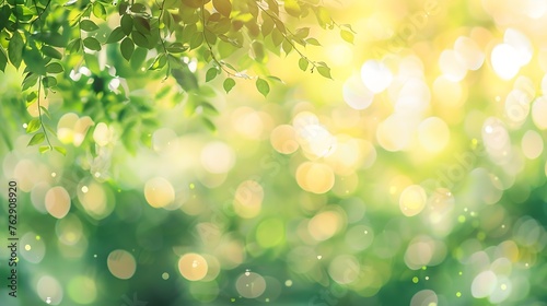 Blurred garden in spring nature outdoor background Blur green tree park in summer background banner Defocus spring foliage countryside with abstrct bokeh light wallpaper poster : Generative AI