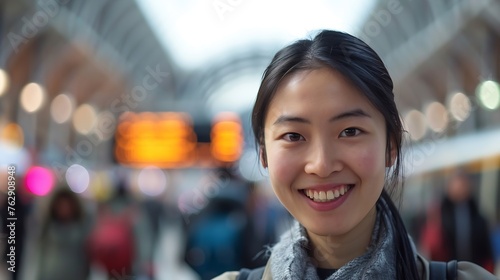 Happy young Asian woman with black hair smiling and looking at camera on blurred background of railway station in London United Kingdom : Generative AI