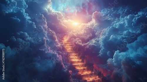 Stairway to heaven in heavenly concept. Religion background. Stairway to paradise in a spiritual concept. Stairway to light in spiritual fantasy. Path to the sky and clouds. God light © Jennifer