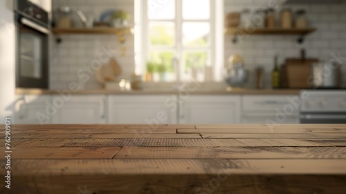 Empty Beautiful wood table  top and blur bokeh modern kitchen interior background in clean and bright Ready for product montage : Generative AI © Generative AI