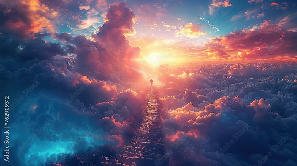 Stairway to heaven in heavenly concept. Religion background. Stairway to paradise in a spiritual concept. Stairway to light in spiritual fantasy. Path to the sky and clouds. God light - obrazy, fototapety, plakaty 