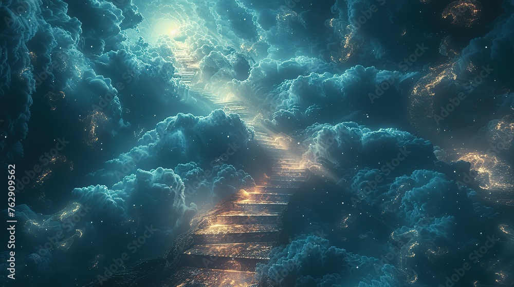 Fototapeta premium Stairway to heaven in heavenly concept. Religion background. Stairway to paradise in a spiritual concept. Stairway to light in spiritual fantasy. Path to the sky and clouds. God light