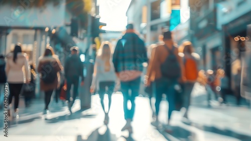 Abstract defocused motion blurred people walking in city street Urban modern background Blur effect : Generative AI
