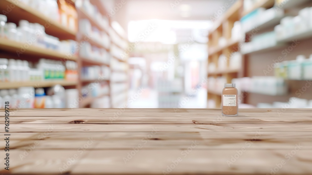 Empty natural wood counter top with blur pharmacy background : Generative AI