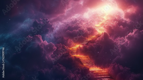 Stairway to heaven in heavenly concept. Religion background. Stairway to paradise in a spiritual concept. Stairway to light in spiritual fantasy. Path to the sky and clouds. God light