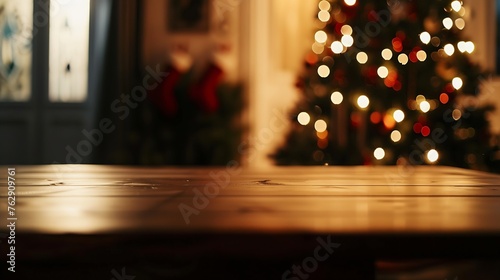 Empty table in front of christmas tree with decoration background   Generative AI