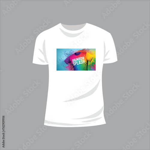Rainbow Splash: A bold design featuring a splash of rainbow colors across the shirt, creating a dynamic and eye-catching look that exudes positivity and joy., conceptual art, anime, illustration