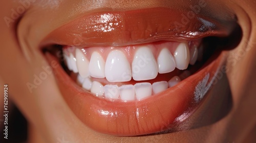 close up photo of beautiful mouth with red lipstick makeup and perfect clean white teeth. female model 