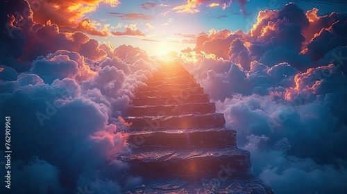 Stairway to heaven in heavenly concept. Religion background. Stairway to paradise in a spiritual concept. Stairway to light in spiritual fantasy. Path to the sky and clouds. God light