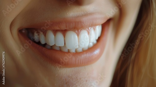 close up photo of beautiful mouth perfect clean white teeth. female model 