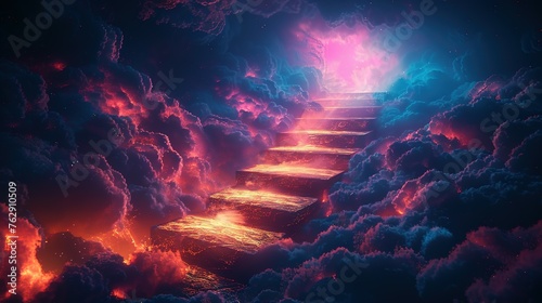 Stairway to heaven in heavenly concept. Religion background. Stairway to paradise in a spiritual concept. Stairway to light in spiritual fantasy. Path to the sky and clouds. God light