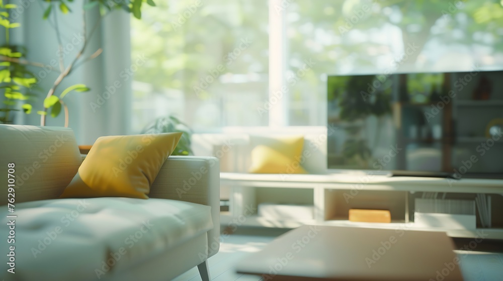 Blurred view of modern living room with sofa and soft bench room interior with couch armchair and coffee table or shelving units stylish living room comfortable workplace near big win : Generative AI Blurred view of modern living room with sofa and soft bench room interior with couch armchair and coffee table or shelving units stylish living room comfortable workplace near big win : Generative AI