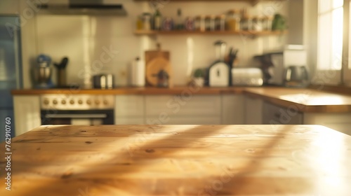 blurred kitchen interior and wooden desk space home background : Generative AI © Generative AI