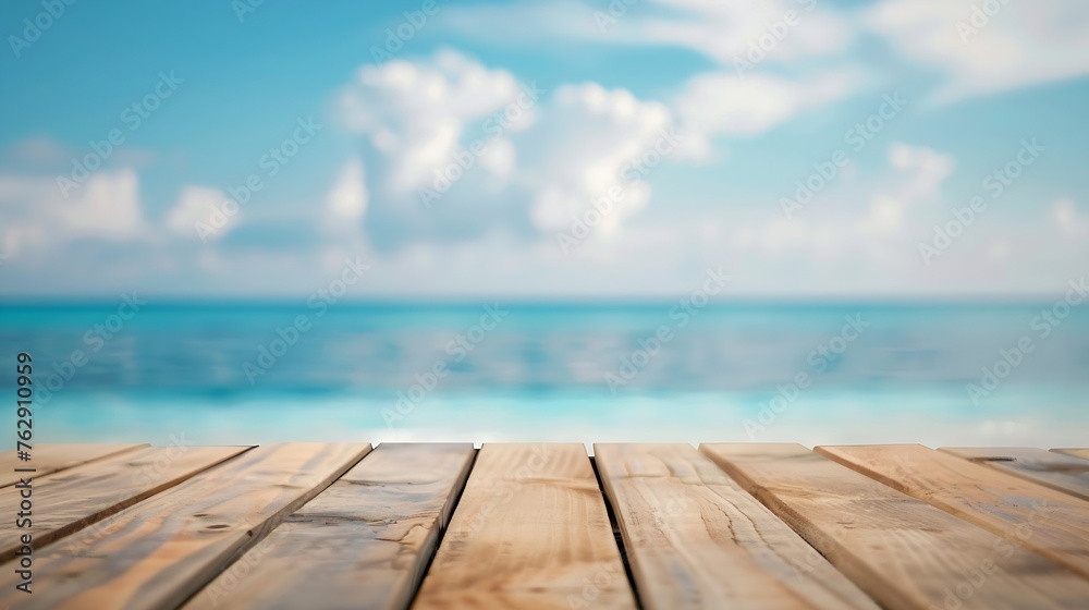 Empty wooden table on blurred tropical sea and sky background : Generative AI Empty wooden table on blurred tropical sea and sky background : Generative AI