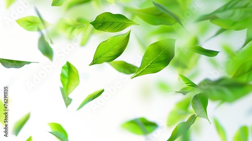 Green leaves flying in the air isolated on white backgroundDay of clean air : Generative AI photo