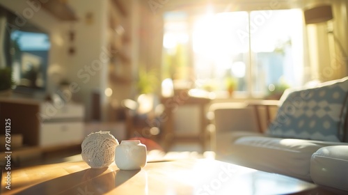 Blur image of living room with furniture at home with sunlight for background usage blur interior concept : Generative AI