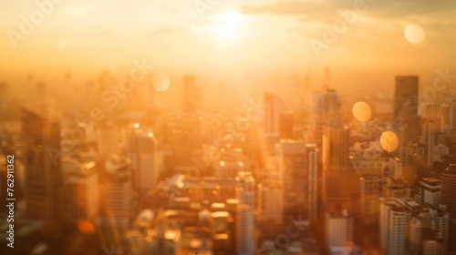 Background of cityscape concept Blur aerial view building big city on amazing golden warm light at sunrise Bangkok Thailand Asia : Generative AI