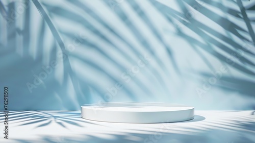 Minimal abstract bluewhite background for the presentation of a cosmetic product Premium podium with a shadow of tropical palm leaves on a blue wall and white table Showcase display ca : Generative AI photo