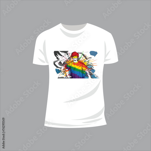 Rainbow Splash: A bold design featuring a splash of rainbow colors across the shirt, creating a dynamic and eye-catching look that exudes positivity and joy., conceptual art, anime, illustration