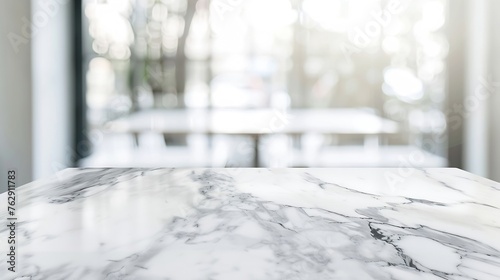 White stone marble table top and blurred abstract background from interior building banner background  can used for display or montage your products : Generative AI © Generative AI