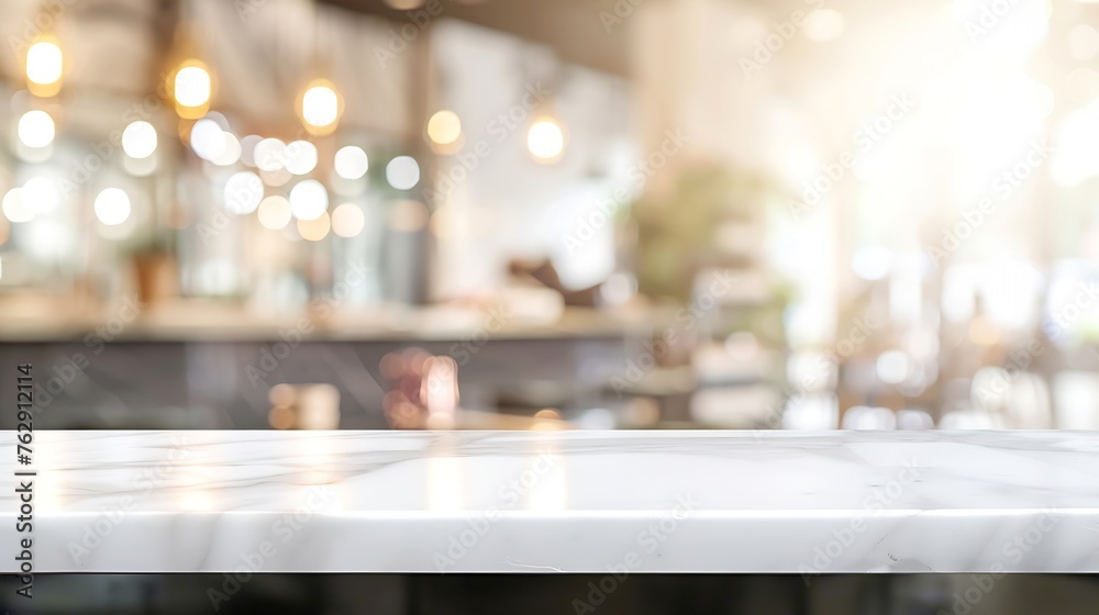 Empty white table top counter desk background over blur perspective bokeh light background White marble stone table shelf and blurred kitchen restaurant for food product display mockup : Generative AI Empty white table top counter desk background over blur perspective bokeh light background White marble stone table shelf and blurred kitchen restaurant for food product display mockup : Generative AI