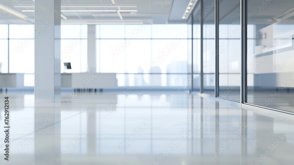 Fototapeta premium Blur office background empty white room lobby hall toward glass wall window interior view with light bokeh : Generative AI