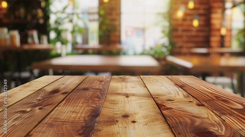 Empty wood table with blur coffee shop background clean bright light foreground Mock up for montage products display : Generative AI