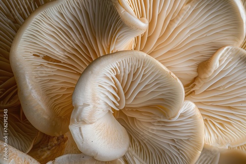 Close up of gills of Oyster mushroom, Pleurotus ostreatus.