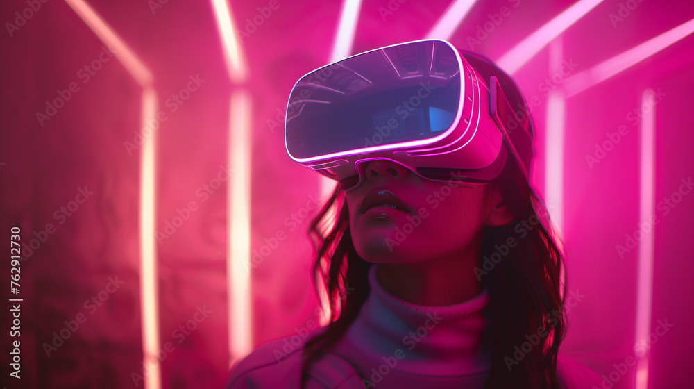 Virtual reality experience: Woman surrounded by vibrant neon lights in futuristic setting.