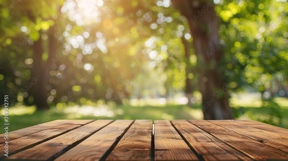 Empty wood table and defocused bokeh and blur background of garden trees with sunlight product display template : Generative AI Empty wood table and defocused bokeh and blur background of garden trees with sunlight product display template : Generative AI