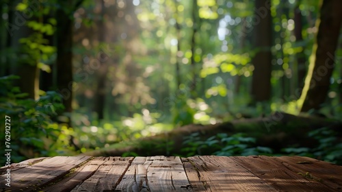 Beautiful blurred boreal forest background view with empty rustic wooden table for mockup product display Picnic table with customizable space on tabletop for editing Flawless : Generative AI © Generative AI
