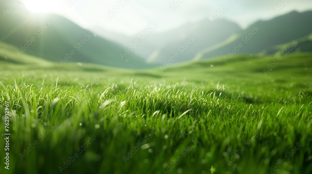 Blurred photo Wide green grass trees near the mountains warm sun : Generative AI Blurred photo Wide green grass trees near the mountains warm sun : Generative AI