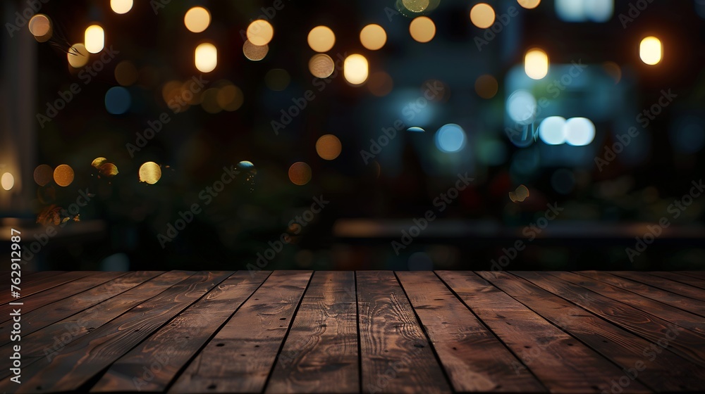 Empty wood table top on blur cafe restaurant in dark backgroundselective focus For montage product display : Generative AI Empty wood table top on blur cafe restaurant in dark backgroundselective focus For montage product display : Generative AI
